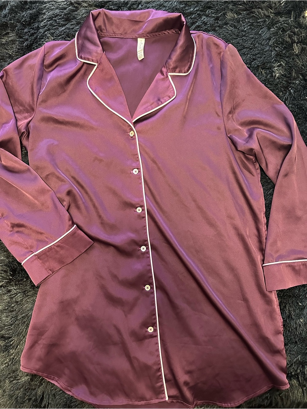 Reveal lingerie Plum Satin-like Button-Front Nightshirt with Contrast Piping